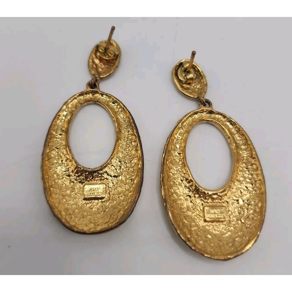 Vintage Bellezza Italy Hammered Gold Tone Dangle Oval Designer Pierced Earrings - Picture 6 of 11